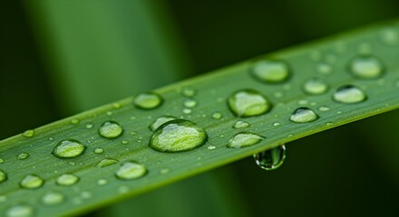 Green blade of grass adorned with water droplets in a natural setting