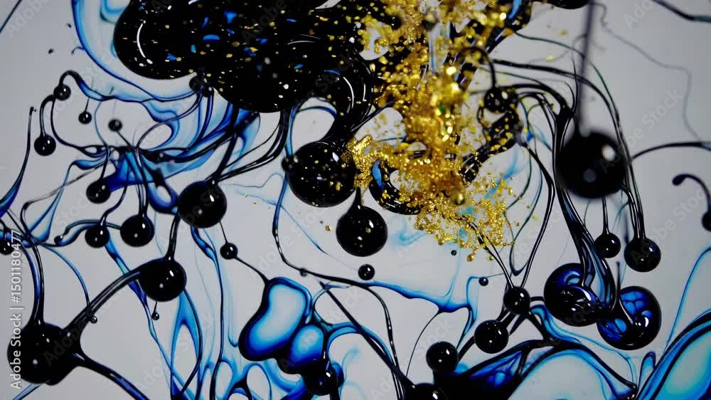 Aufkleber black and blue ink swirling together with shimmering gold glitter in water, forming captivating abst