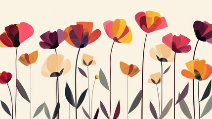 The image consists of three colorful panels filled with abstract, stylized floral designs in a playful, retro aesthetic