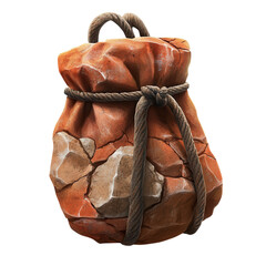 Fantasy Stone Sack Rucksack Ancient Game Bag with Ropes and Rocks Treasure on transparent background