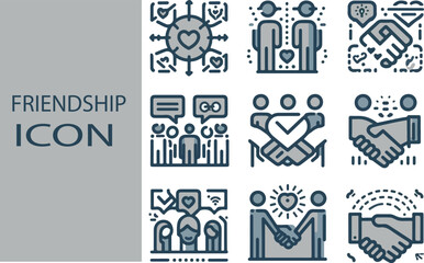 Obraz premium A thin line icon set illustrating friendship and social connections. Features editable stroke icons representing relationships .