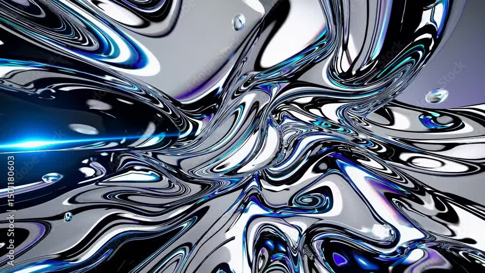 Poster shimmering abstract design featuring a fluid, metallic surface with intricate reflections and light 