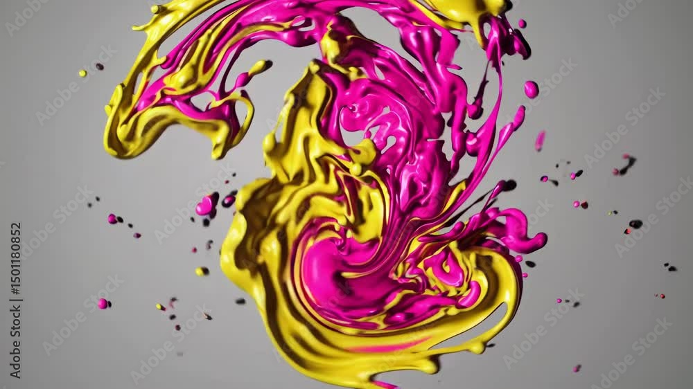 Poster pink and yellow paint are splashing, swirling, and mixing together in a dynamic and colorful explosi