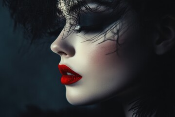 fantasy makeup portrait, minimalist background, luxury fashion styling, dark artistic tone, fine art editorial concept, high contrast