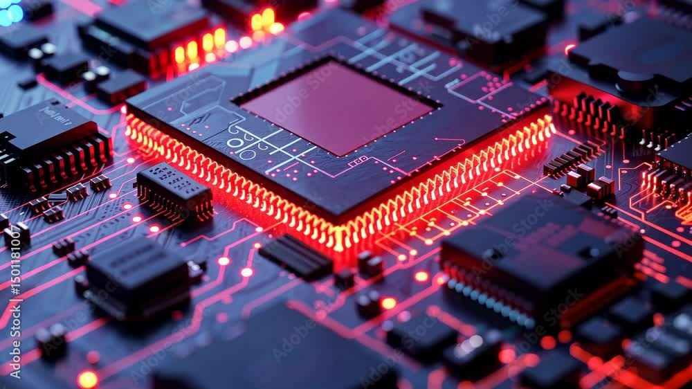 Poster close-up of a modern electronic circuit board with red leds illuminated. the focus is on the central