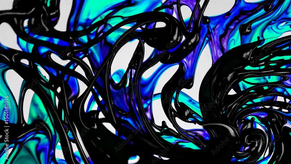 Poster black and blue paint blending together, forming a vibrant and colorful abstract design filled with s
