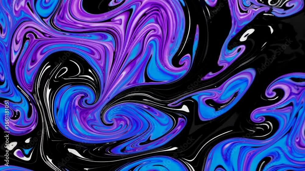 Poster blue and purple pigments swirling and mixing in a dark liquid, creating an abstract and visually cap