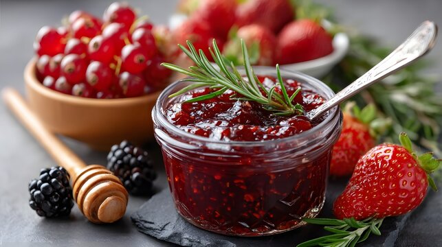Delicious berry jam in a glass jar surrounded by fresh berries, honey dipper, and rosemary sprig on a dark surface. Sweet and fruity. - Powered by Adobe