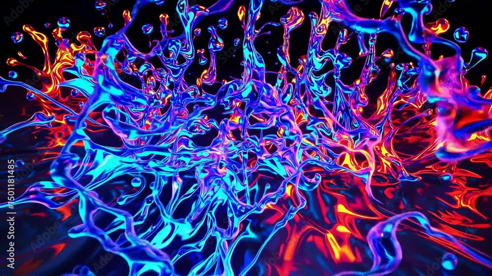 Poster bright, colorful liquids splash and mix together, creating a vibrant and chaotic abstract scene with