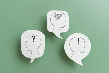 FAQ, mental health, Frequently asked questions concept, Question mark, exclamation and tangle of thoughts inside human head icon on white speech bubble real paper cut, green background