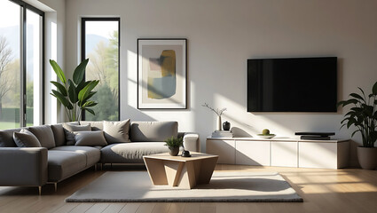 A bright and airy living room features large windows with stunning ocean view, showcasing cozy sofa, stylish coffee table