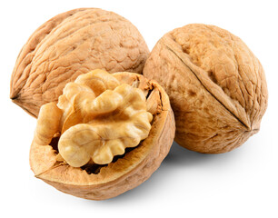 Walnut isolated png. Unpeeled walnut with a half on white or transparent background. Perfect retouched walnuts with kernel no background. Nuts with transparent shadow. Full depth of field.