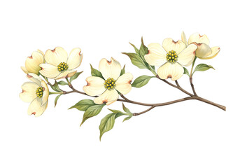 Obraz premium Watercolor illustration of a branch featuring dogwood blossoms and green leaves Isolated on transparent background