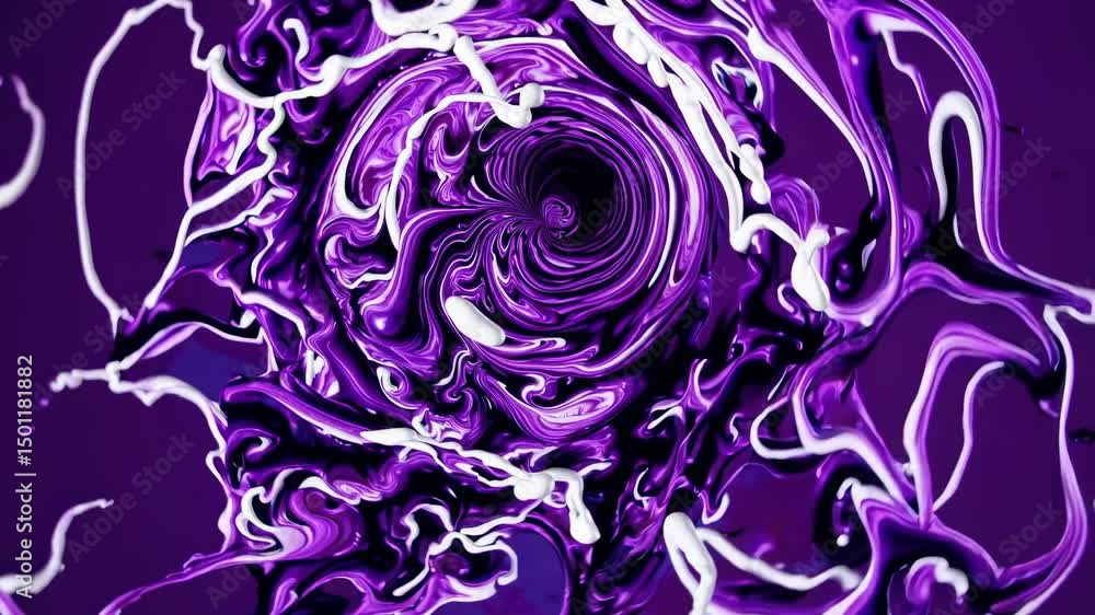 Poster purple and white liquid mixing together, creating a mesmerizing vortex with swirling patterns and a 
