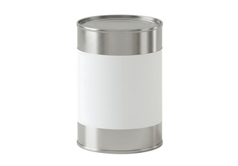 A blank customizable food can with metallic elements and white label Isolated on transparent background