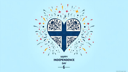 Vector illustration poster for Finland Independence Day december 6. Light blue background. In the center, a heart-shaped icon 