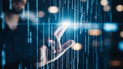 Interacting with Binary Code Flowing Digital Data Stream Technology Concept - Powered by Adobe