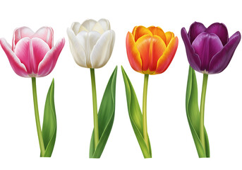 Four elegant tulip flowers displaying vibrant colors Isolated on transparent background
