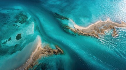 Aerial View of Turquoise Ocean with Sandbars and Rocks