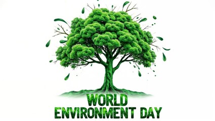 Obraz premium A vibrant green tree with lush foliage is surrounded by green droplets. Bold text reads WORLD ENVIRONMENT DAY on a clean white background.