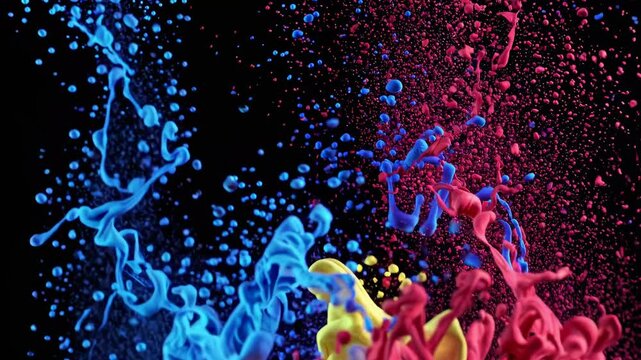 Streams of cyan, magenta, and yellow ink are exploding and mixing together underwater, creating beautiful abstract shapes against a black background