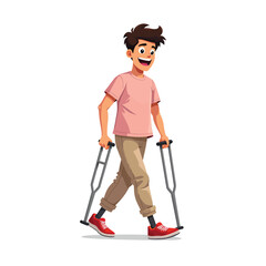 Cartoon man walking with crutches rehabilitation physical therapy recovery support medical aid mobility assistance