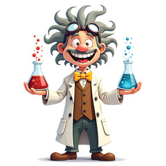 Cartoon mad scientist doing science experiments with beakers and lab coat vector illustration image art