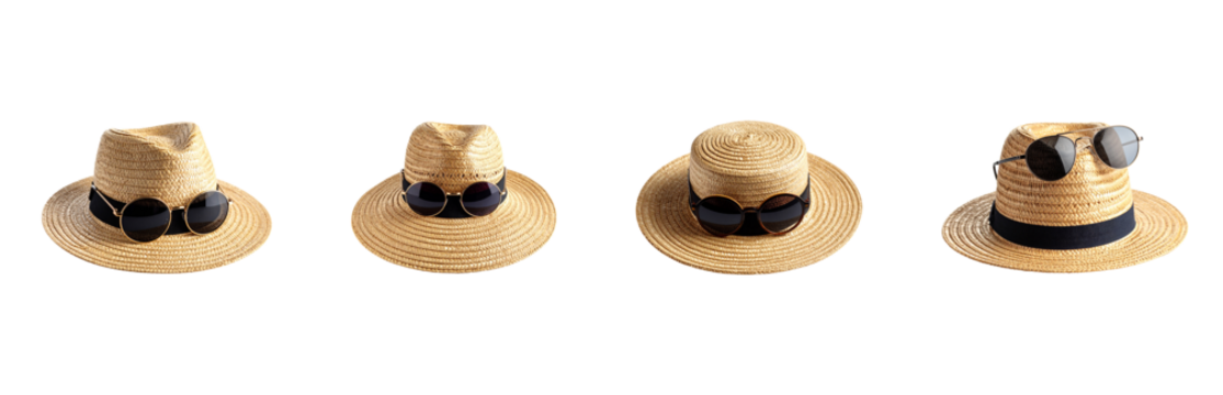 Straw summer hats with sunglasses set,  isolated on transparent or white background	
, beach fashion accessories - Powered by Adobe
