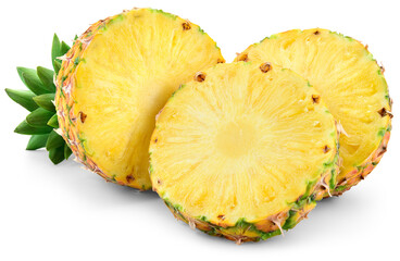 Pineapple slice isolated png. Pineapple with leaves on transparent background. Cut pineapple no background. Three round pineapple slices transparent png. Full depth of field.