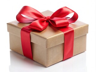 Obraz premium Beige Gift Present Box With Red Ribbon Bow Collection Isolated On A White Background 
