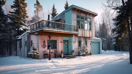 Rustic Modern Cabin in Snowy Winter Landscape