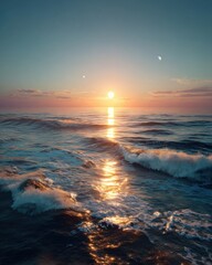 Serene Ocean Sunset: Vibrant Orange And Pink Hues Over Calm Waves