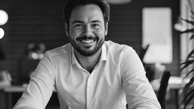 Smiling man, likely a businessman or entrepreneur, sitting at desk with papers and plant in the background.
