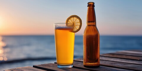 A glass of beer with a slice of lemon on top and a bottle of beer next to it. The scene is set on a wooden table near the ocean, creating a relaxed and refreshing atmosphere