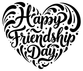 Happy Friendship Day graphic design in a heart shape. Stylish, decorative text design with swirls and dots creating a festive, artistic heart graphic.