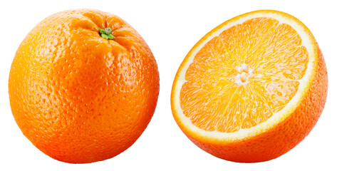 Orange isolated png. Whole orange and a half on transparent background. Orang fruit no background. Full depth of field. Transparent png