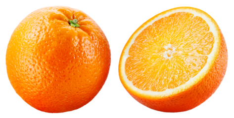 Orange isolated png. Whole orange and a half on transparent background. Orang fruit no background. Full depth of field. Transparent png