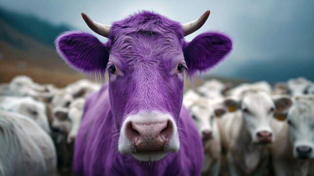 A vibrant purple cow stands out against a herd of white cows, creating a surreal and whimsical scene in a mountainous pasture.