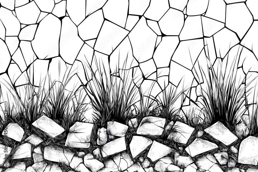 Poster grass on ground vector, broken tiles mosaic pattern. texture interior background line art. set of gr