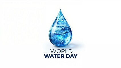 Obraz premium A vivid blue water droplet with rippling textures and bubbles inside, set against a white background with bold blue text reading 'WORLD WATER DAY'.