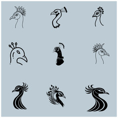 peacock head black and white vector set 3