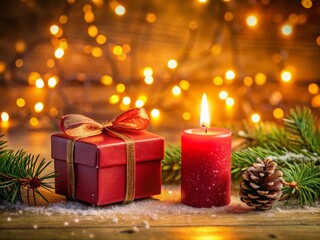 Red Christmas Gift Box Burning Candle In A Blurred Background
