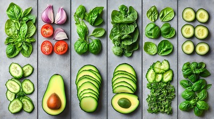 Fresh herbs, veggies, flatlay, food prep