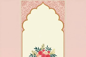 Elegant wedding card design in blush pink and gold combination, ornate mandala motifs framing the arch. 