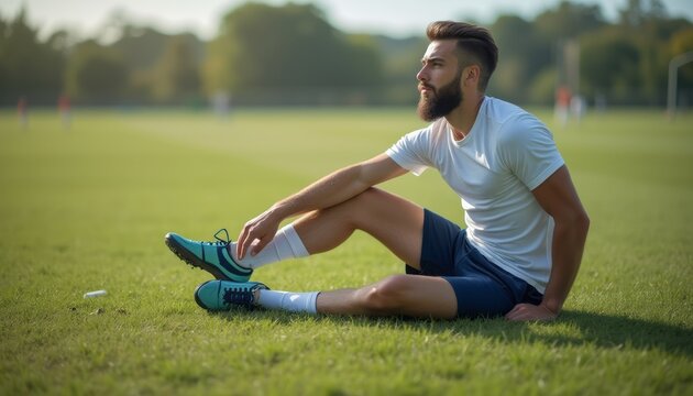 Thoughtful young man resting on the grass after a soccer match