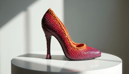 Obraz premium An elegant textured red high-heeled pump on marble pedestal with soft lighting and shadow with copy space