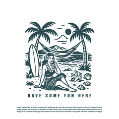 Naklejka premium Vintage retro exotic Hawaiian girl dancer in the Hawaii beach vector illustration