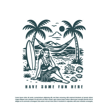 Vintage retro exotic Hawaiian girl dancer in the Hawaii beach vector illustration