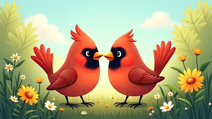 Obraz premium Two Loving Cardinals in a Grassy Field with Flowers