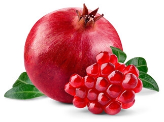 Pomegranate isolated png. Whole pomegranate with seeds and leaves on transparent background. Broken pomegranate slice no background. Perfect retouched transparent png. Full depth of field.